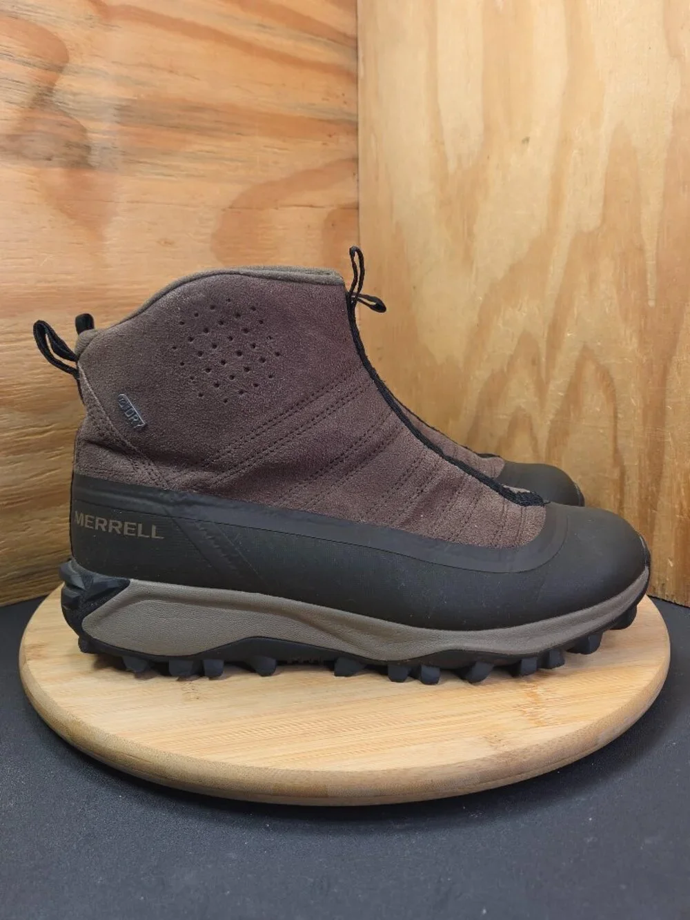Merrell Thermo Snowdrift Mens Brown Waterproof Mid Shell Side Zip Boots Size 8.5